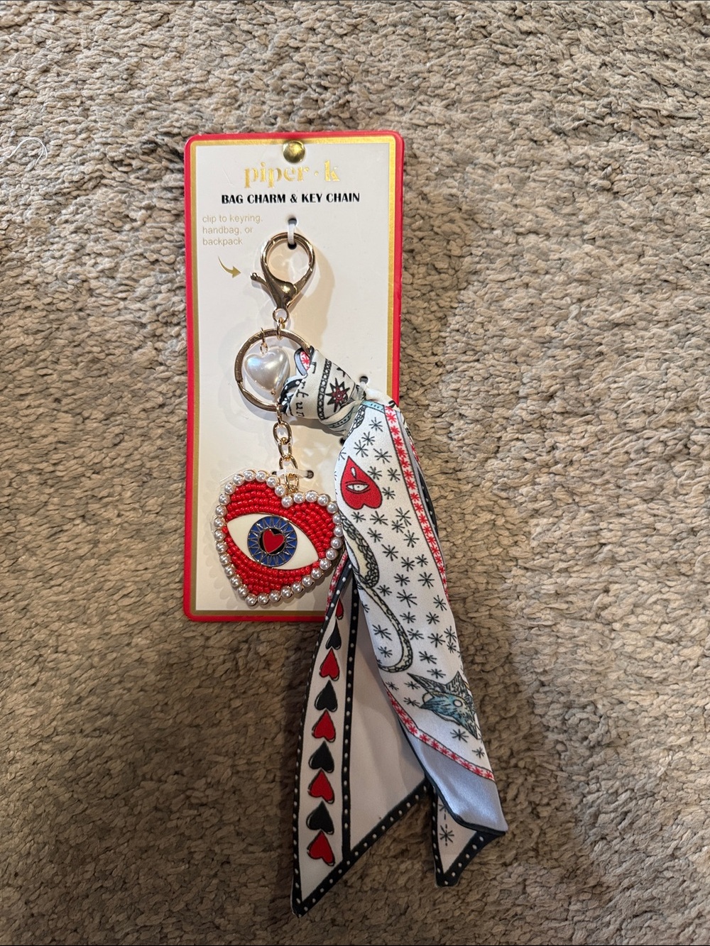 Piper Red Beaded Heart Eye Keychain with Patterned Scarf